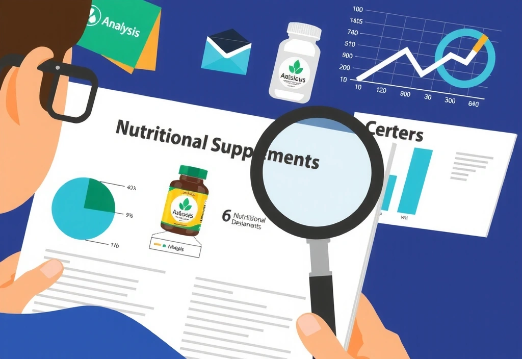 Ilustración de una persona leyendo una guía sobre suplementos, con gráficos y elementos de análisis de datos.