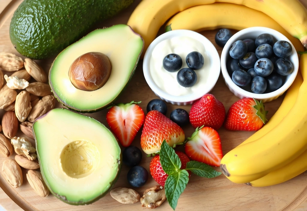 Alimentos saludables para el corazón, como aguacates, frutos secos variados (almendras, nueces) y bayas frescas (arándanos, fresas), dispuestos artísticamente en una tabla de madera.