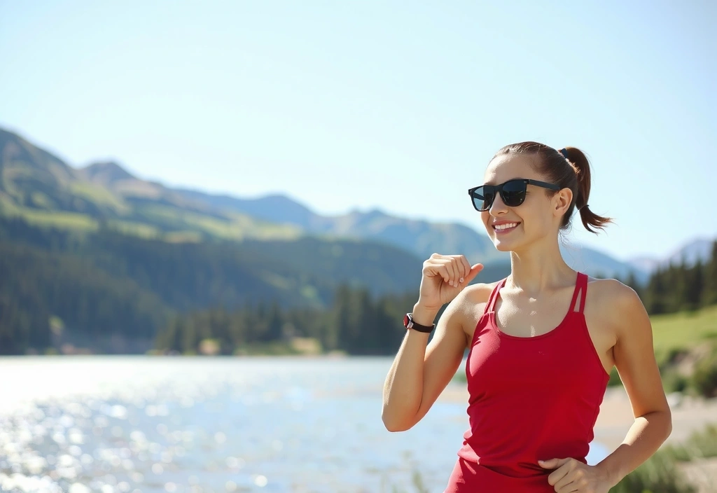 Persona sana haciendo ejercicio al aire libre en un entorno natural, con montañas y un lago al fondo, reflejando vitalidad y bienestar.