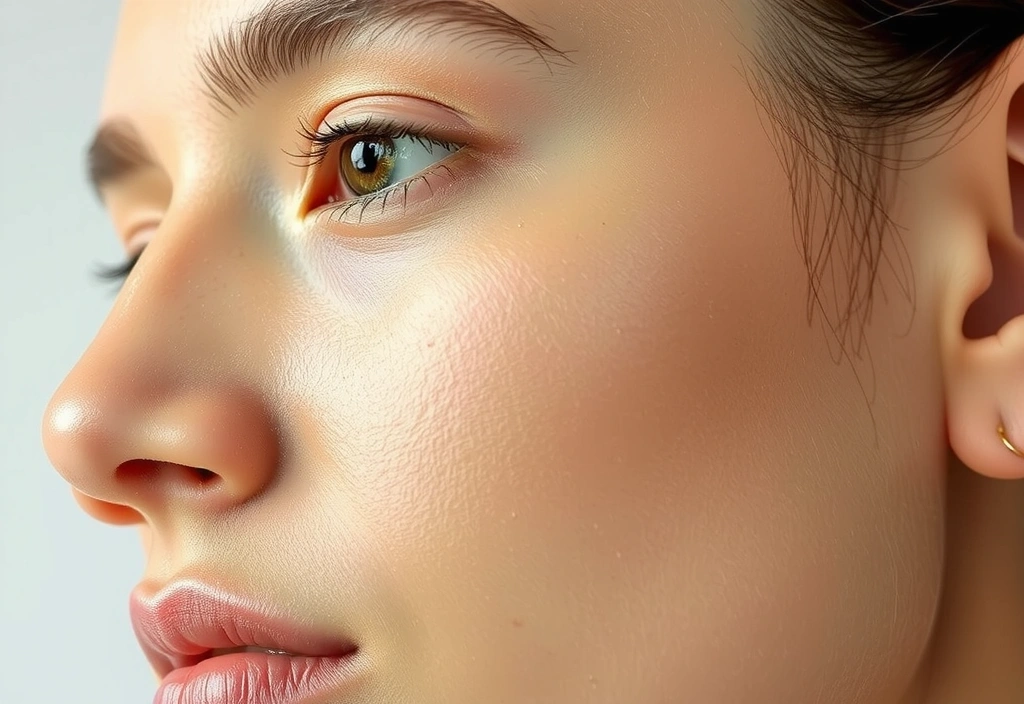 Primer plano de piel brillante y cabello sano, con un efecto de luz suave y un enfoque en la textura natural y la vitalidad.