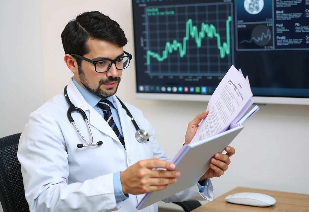 Médico consultando un libro de medicina y un ordenador