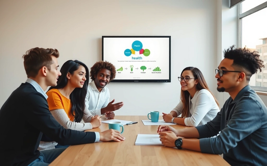 Un grupo de fundadores de Vitaminasnaturalem discutiendo ideas en una oficina moderna y luminosa