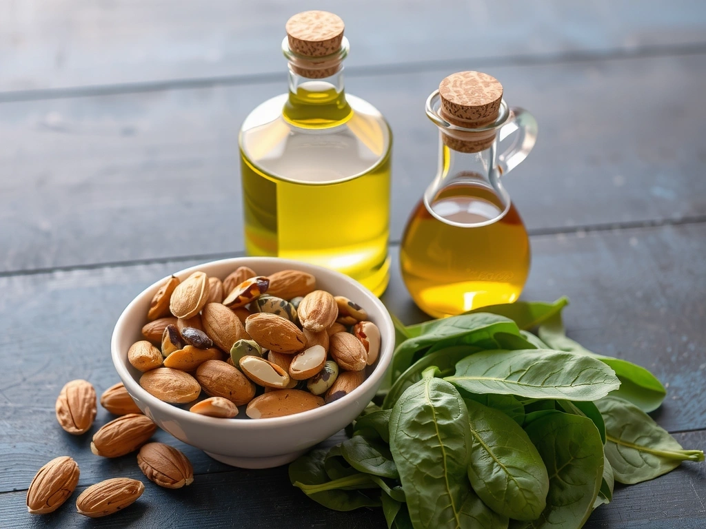 Nueces, semillas, aceites vegetales y espinacas, fuentes de Vitamina E.