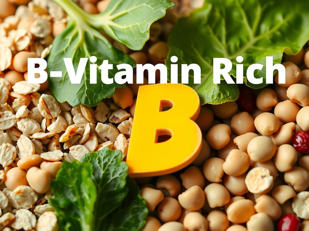Variedad de alimentos ricos en complejo B como granos integrales, verduras de hoja verde y legumbres.